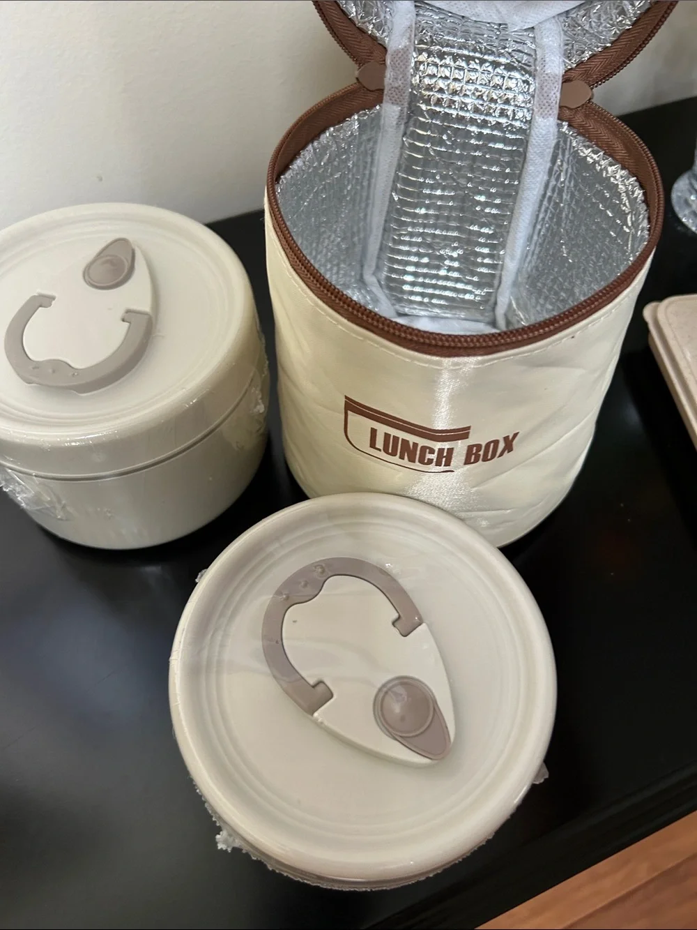 Cream Lunch Box Cooler Bag with Brown Trim